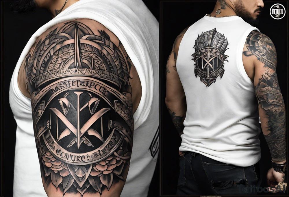 The tattoo is spiritually driven, using the Latin quote "Vincit qui see Vincit," which translates to "He who conquers himself conquers the world." Create this tattoo using the ideas of the warrior spirit, discipline, and growth in all aspects of life tattoo idea