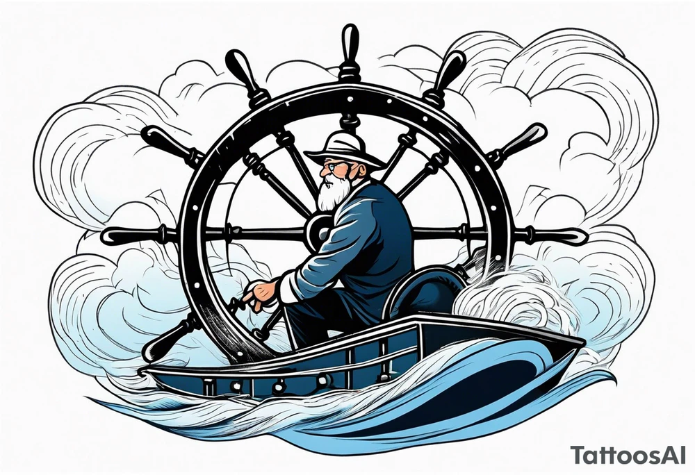 Old man turning ships wheel in a storm tattoo idea