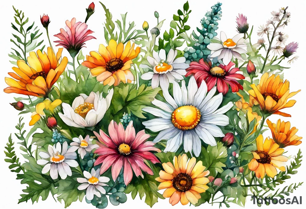 simple wildflowers cascading with thistles, ferns, white anemones, sun flowers, yellow flowers, red flowers, pink flowers, green flowers, buttercups, orange flowers, babys breath and daisies all in watercolor tattoo idea