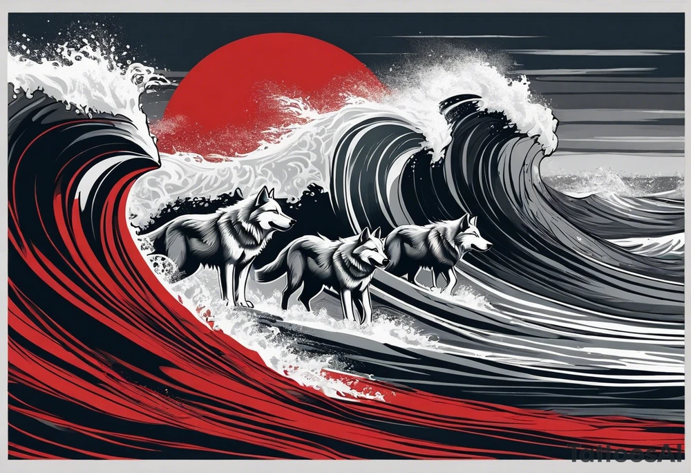 a pack of 3 howling muscular  gray wolves surfing waves with a linear background with red, white and black and gray tattoo idea