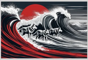a pack of 3 howling muscular  gray wolves surfing waves with a linear background with red, white and black and gray tattoo idea