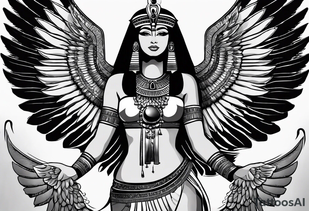 black and white Egyptian goddess Isis, who is often depicted as a woman with outstretched wings, holding an ankh (a symbol of life) in one hand and a lotus flower in the other. Her headdress often includes a throne or a solar disk. The tattoo design can vary in style and size, but it typically aims to capture the essence of this revered Egyptian deity, emphasizing her beauty, power, and maternal qualities. The choice of colors and additional elements can also be customized to create a unique and visually striking representation of the goddess Isis tattoo idea