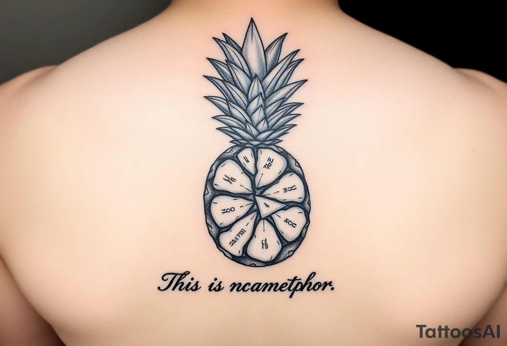 "Pineapple cross-section tattoo: slices are receipts with 'This is not a metaphor'. Black ink, surrealism." tattoo idea