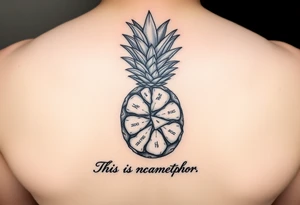 "Pineapple cross-section tattoo: slices are receipts with 'This is not a metaphor'. Black ink, surrealism." tattoo idea