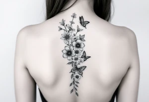 Simple Delphinium, violet, narcissus, rose, daisy bouquet vertically down the spine not connected with butterflies tattoo idea