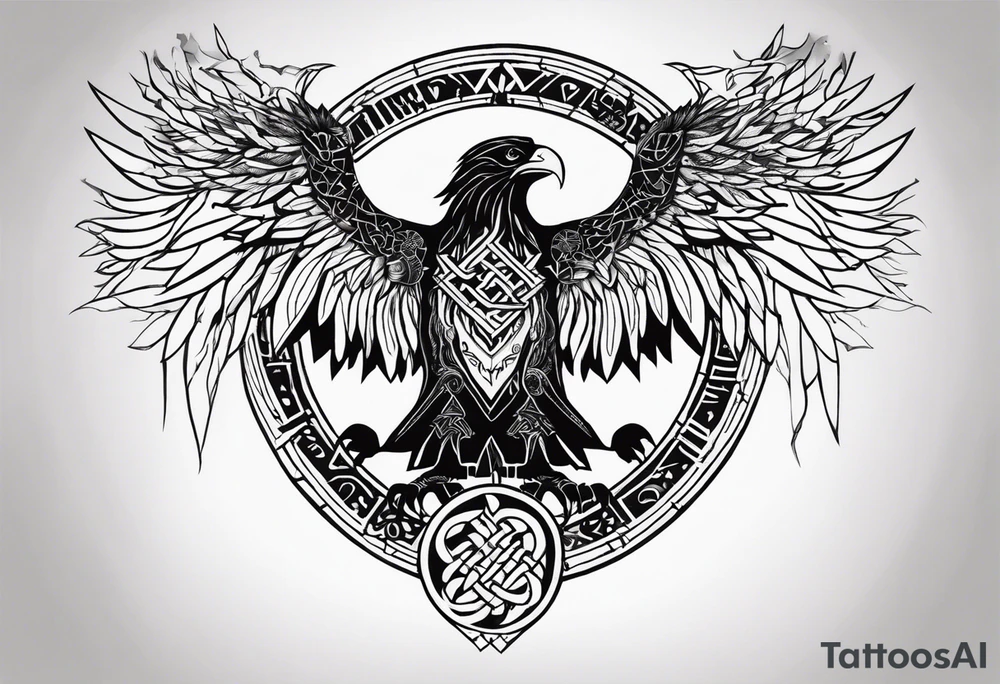 Polish eagle surrounded by viking runes sitting on the tree of life, scattered random geometric shapes and ancient artifacts, include Bruce Springsteens simply the best song tattoo idea