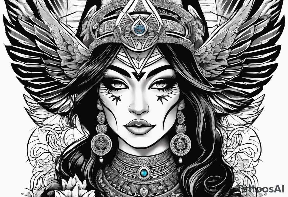 black kali, goddess pirate, alien, angel, pachamama, valkrye, warrior, flying, skull, lotus azul, wing, eagle, zenza resonance, stars, 5D, anahata chakra, death, durga, riding on a tiger, flying lady tattoo idea