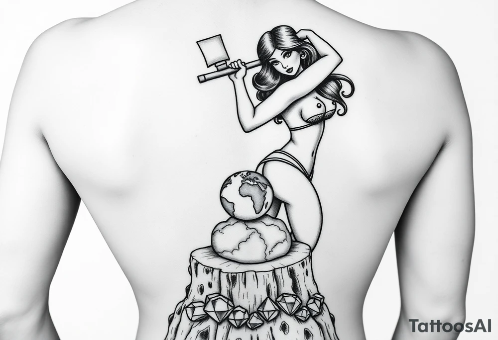 a pin up girl that is naked with breasts exposed so in view and has very large breasts wearing a g string thong. the pin up girl is swinging an ax onto a earth globe. the earth globe is half the diameter of the top of the tree stump, the earth globe is located on top of a tree stump, there is a pile of diamonds below the tree stump. the idea is that this pin up girl if very attractive. the idea is that this pin up girl crushing a small version of the earth and creating a diamond with the pressure. tattoo idea