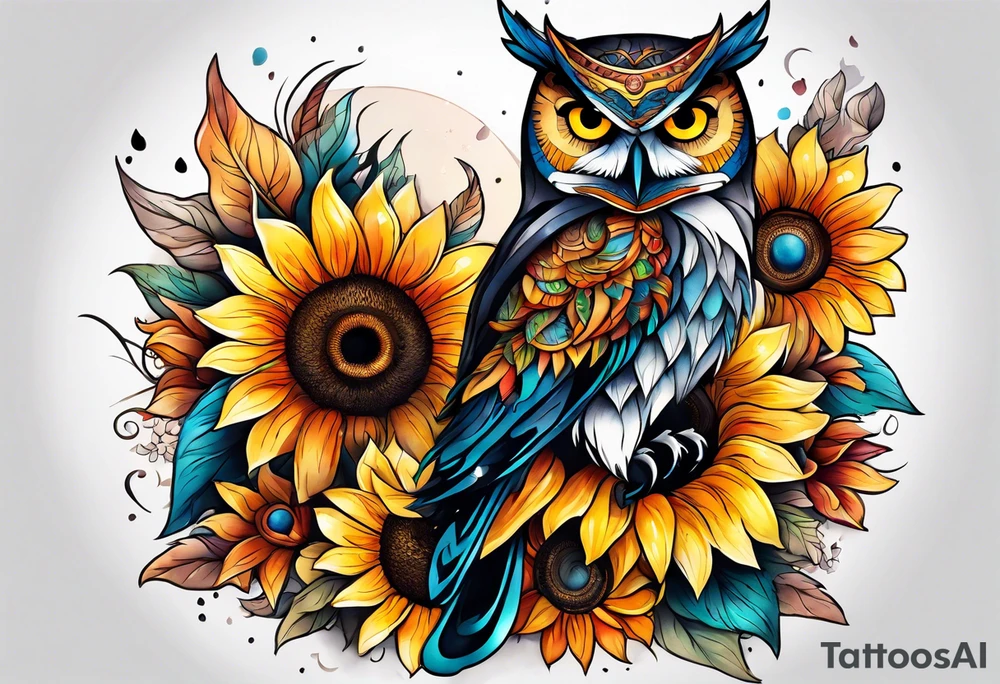 Leg sleeve with colorful sunflowers and an owl tattoo idea