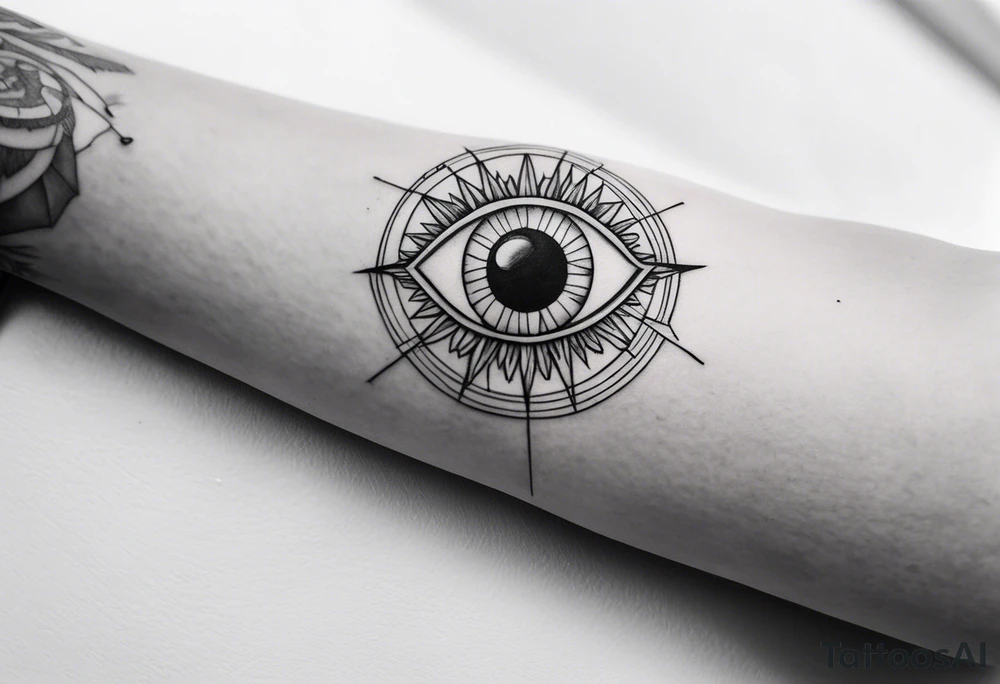 Band tool eye on elbow tattoo idea