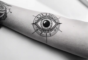 Band tool eye on elbow tattoo idea