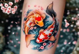 Koi Duo in Cherry Blossom Stream – A pair of koi, one orange, one black, flowing together through a river filled with scattered cherry petals. tattoo idea