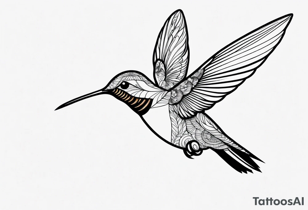 Design a minimalist tattoo of a hummingbird in flight, with elegant lines capturing its grace and vibrant energy tattoo idea