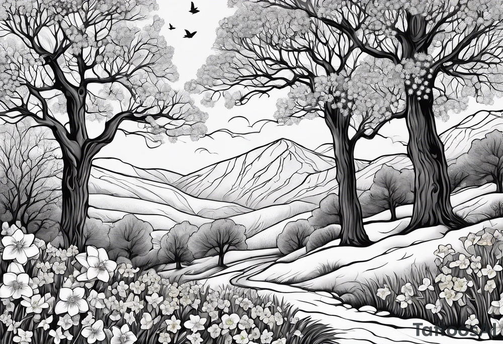 Winter sky, flowers, stars, violets, primroses, daffodil, jonquil, snow, oak tree tattoo idea