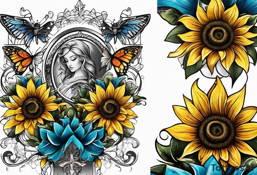 Arm sleeve with Winged cross with sunflower and butterflies tattoo idea