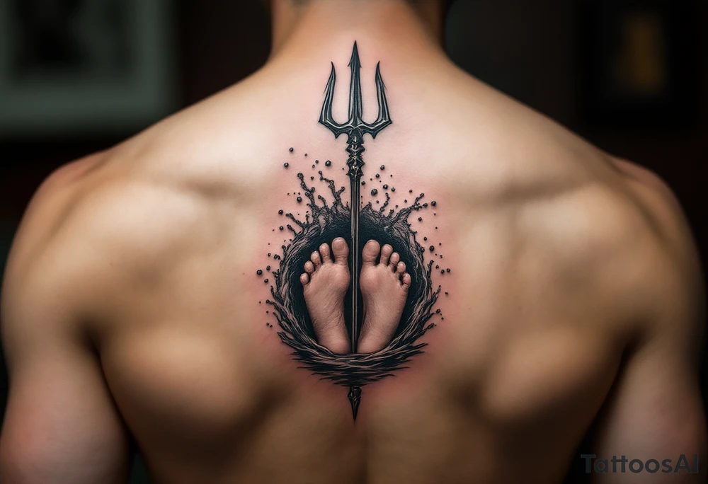 barefeet behind trident with water tattoo idea