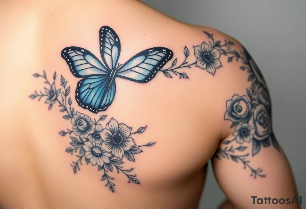 Sleeve/ floral with vines roses and daises large bright blue monarch in center of forearm with floral extending from wrist to mid bicep children’s names written with vines “ amber, Zachary, Justin, Harper, Vivian “ ARM SLEEVE tattoo idea