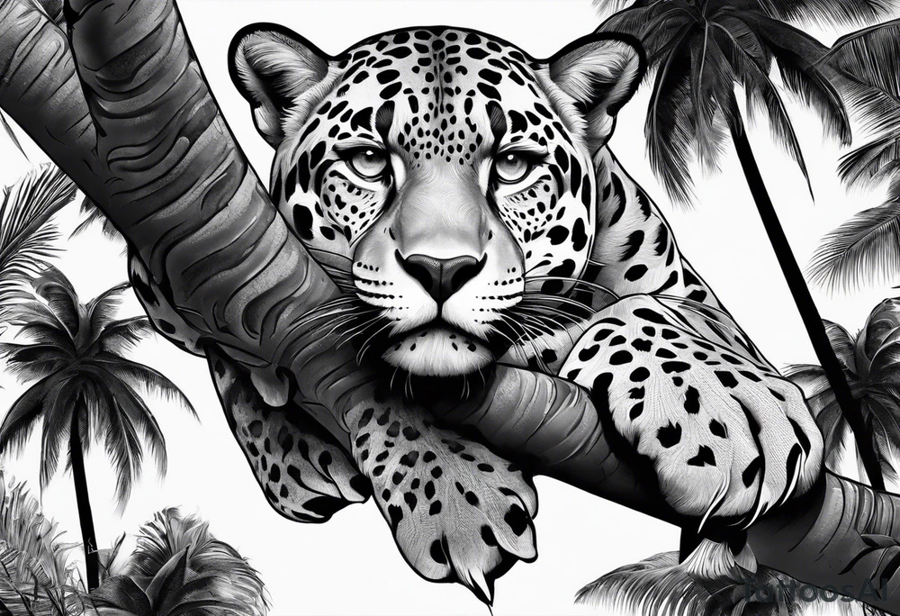 jaguar laying on palm tree tattoo idea