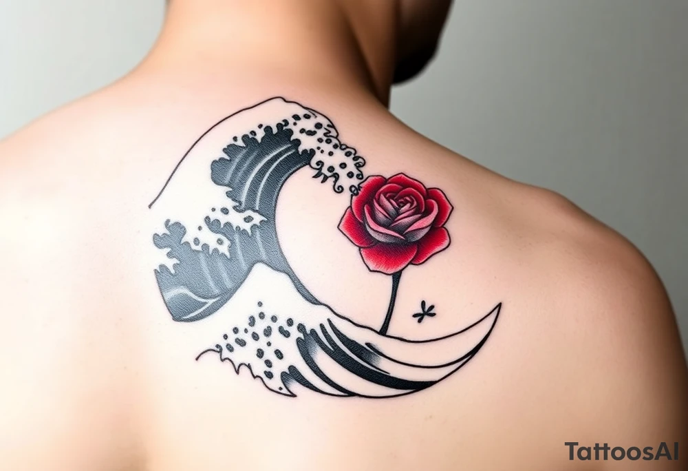 Shoulder tattoo of the Great Wave of Kanagawa in black and white with a beautiful red rose in the space where the wave curves tattoo idea