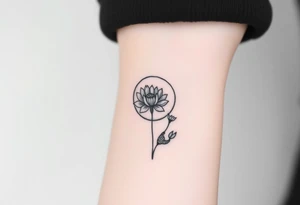 Small black ink minimalist tattoo with full moon, small chrysanthemum and tiny scorpio gliph tattoo idea