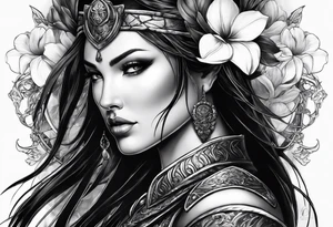 female warrior face with magnolias tattoo idea