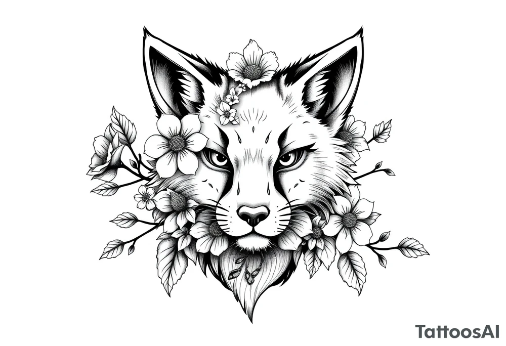 pCREATE A FURRY TATTOO DESIGN FURSONA ANTROPOMORPHIC IMAGE FOR ANTIFACIST LIBERAL WITH FLOWERS AND PLANTS GROWING FROM THE FURSONA tattoo idea