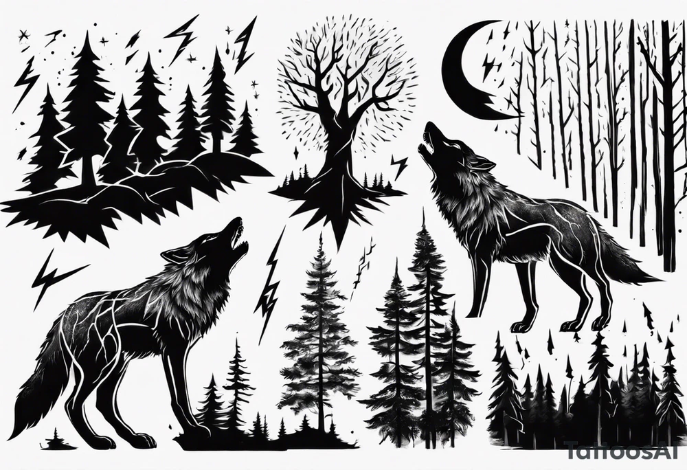 lightning over forest with wolf howling tattoo idea