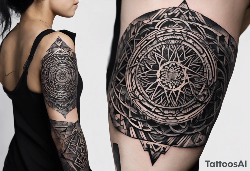 A conceptual tattoo design for the upper arm and shoulder, featuring two interwoven profiles symbolizing the duality of strength and vulnerability. The design combines structured geometric patterns with organic forms like roots or clouds. One of the profiles subtly transforms into a hand that appears to be deconstructing or rebuilding itself, with fine cracks representing fragility. In the background, elements of ancient ruins or castle stones evoke a journey of authenticity and introspection, using light shading and dark, bold lines to add depth and intensity tattoo idea