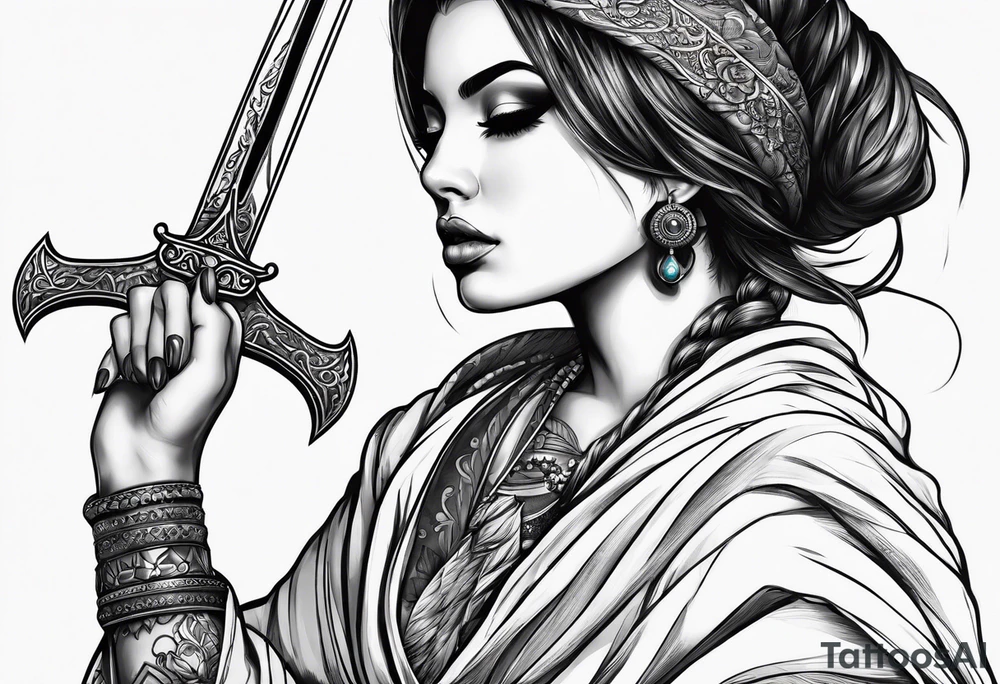 Girl with blanket on her eyes with a sword in her hand and in the other hand Golda a scale tattoo idea