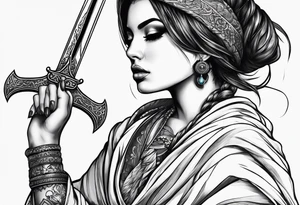 Girl with blanket on her eyes with a sword in her hand and in the other hand Golda a scale tattoo idea