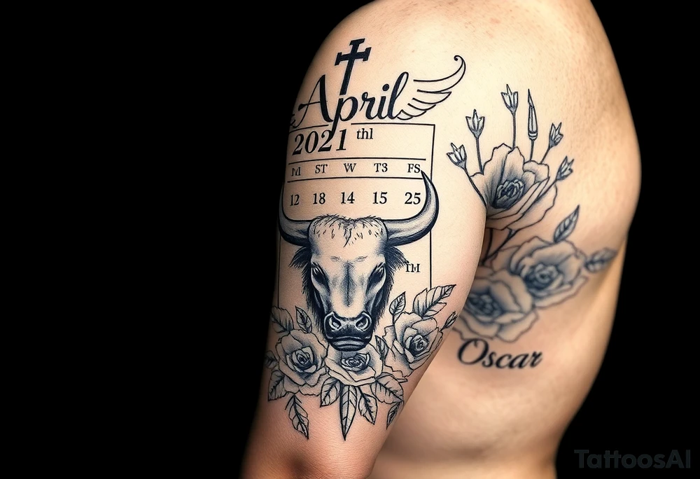 Calendar with the date 12th of April with a cross, roses,  Spanish bull and the name Oscar tattoo idea