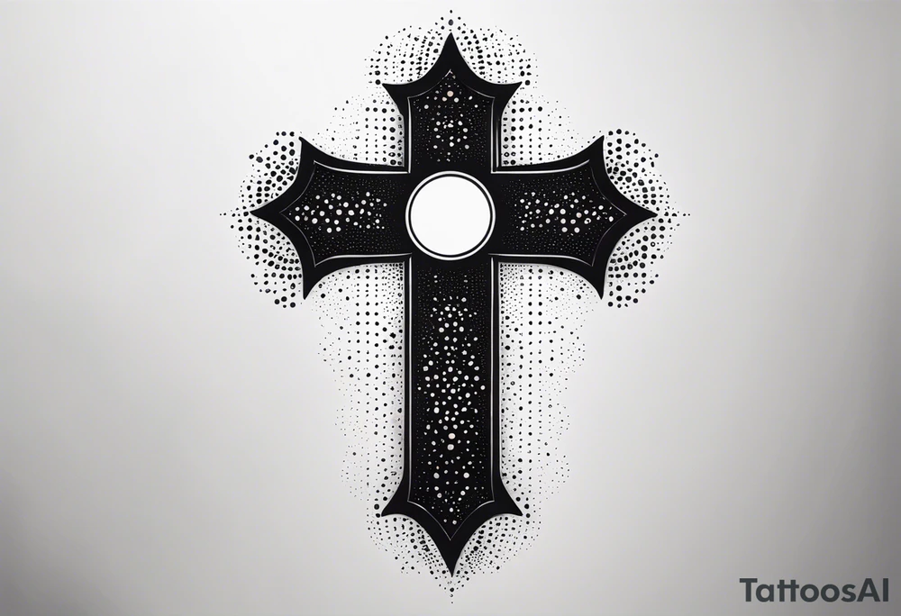 cyber sigilism, cross, dot work, stipple, futuristic, sharp tattoo idea