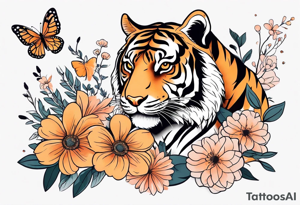 tiger, 3 butterflies, flowers for ladies thigh / hip tattoo idea