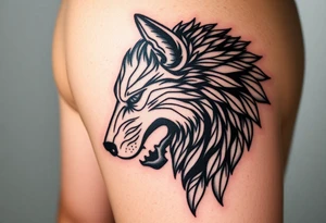 Wolf right side of the face abstract inspired direwolfs from Game of Thrones, abstract lines add leaves around it, do it detailed and majestic tattoo idea