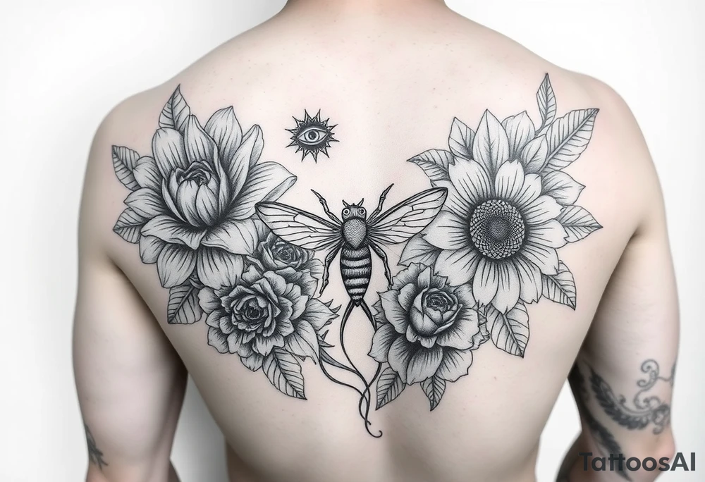 Create a design full sleeve tattoos with Tulip 
Sunflower 
Roses 
Bee 
Water 
Fire 
Earth 
Wind 
Phoenix 
Evil eye 
888 tattoo idea