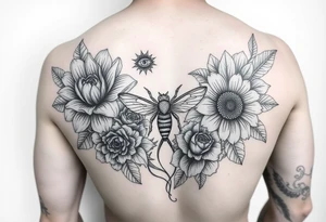 Create a design full sleeve tattoos with Tulip 
Sunflower 
Roses 
Bee 
Water 
Fire 
Earth 
Wind 
Phoenix 
Evil eye 
888 tattoo idea