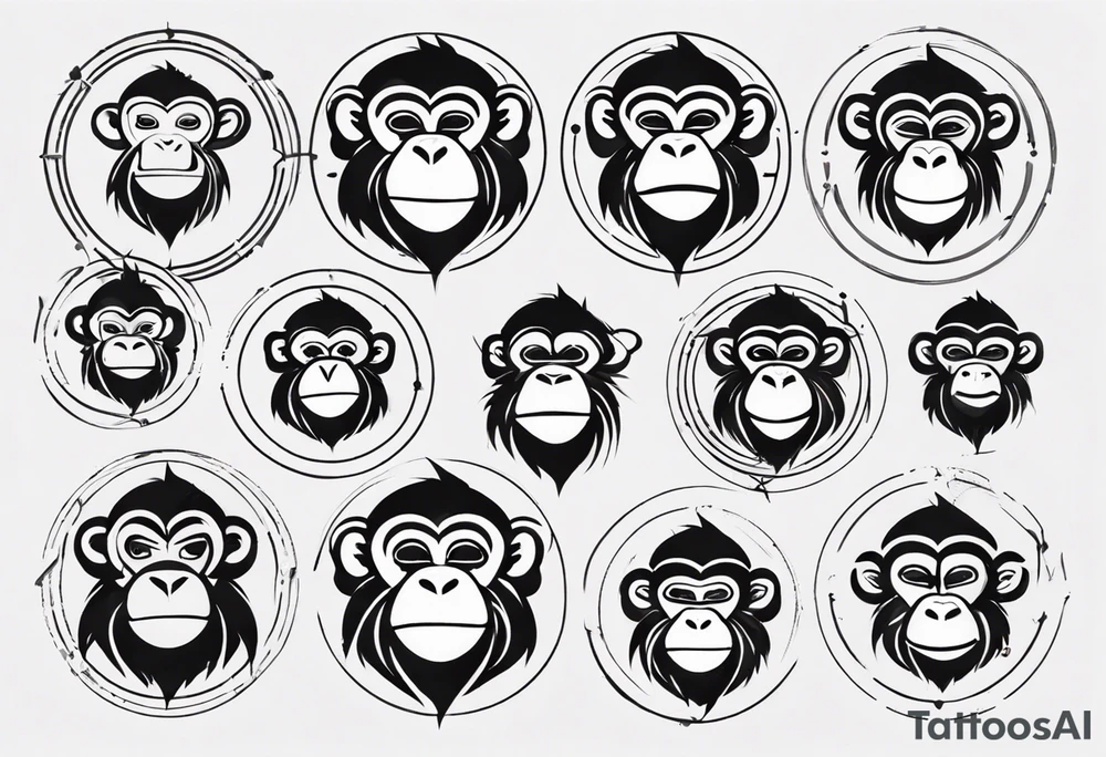Create an abstract happy monkey body icon shape on a small disconnected circle where the monkey is just a shape no face tattoo idea