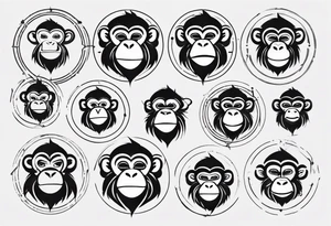 Create an abstract happy monkey body icon shape on a small disconnected circle where the monkey is just a shape no face tattoo idea