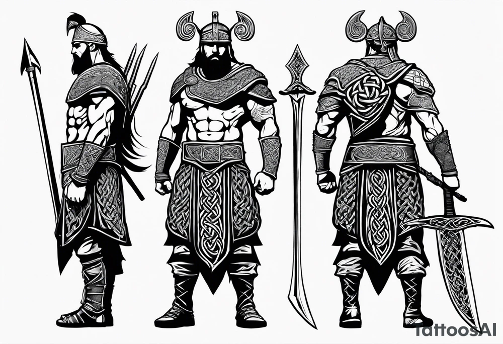 Full body side profile shot of a Celtic warrior with weapons, facing from left to right tattoo idea