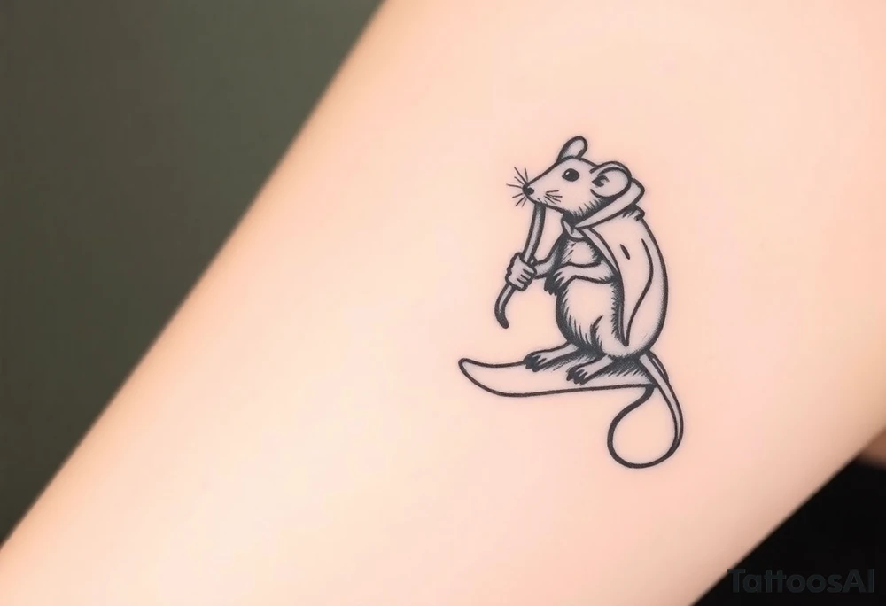 Old rat with a cloak and monocle leaning on a skatebord tattoo idea
