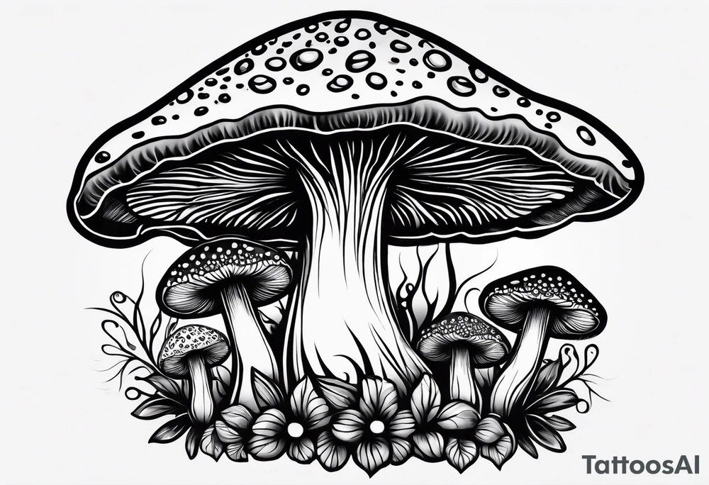 Large Shaggy cap mushroom dripping ink off cap with 4 smaller mushrooms around it mandala henna black tattoo design tattoo idea