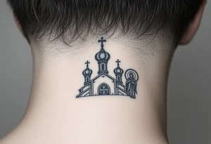 medium traditional russian orthodox church with russian coat arms and virgin mary on the side of the neck tattoo idea
