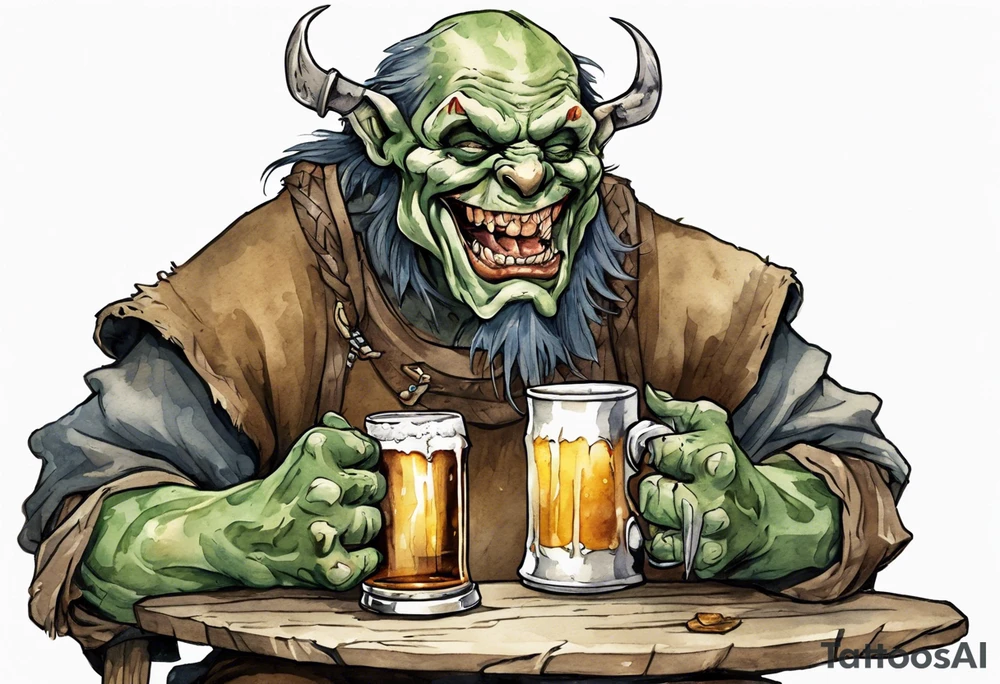 a medieval orc wearing a tunic and drinking from a pewter mug of beer in a tavern, laughing tattoo idea