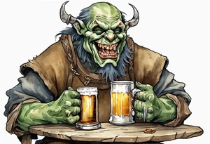 a medieval orc wearing a tunic and drinking from a pewter mug of beer in a tavern, laughing tattoo idea