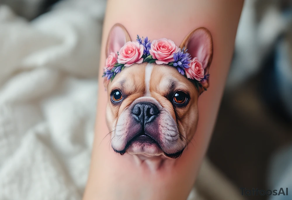 French Bulldog with a flower crown, made of soft pink roses and lavender, on a white and light tan dog with delicate dot shading. tattoo idea