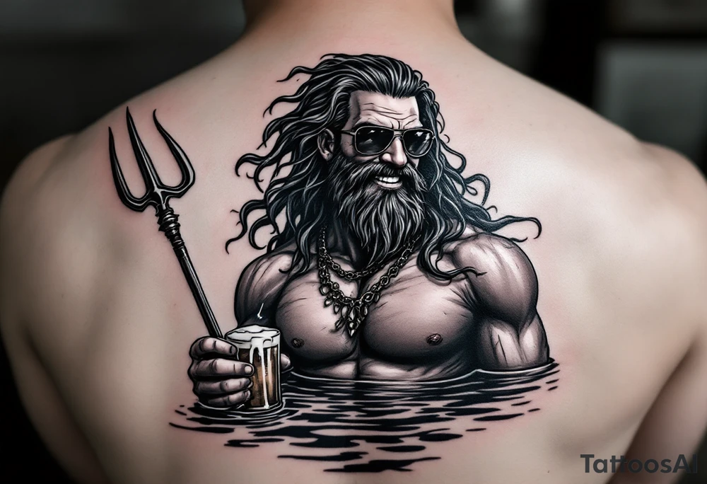 smiling, fit poseidon, with a trident, in calm water, holding a beer, with sunglasses tattoo idea