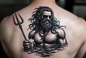 smiling, fit poseidon, with a trident, in calm water, holding a beer, with sunglasses tattoo idea