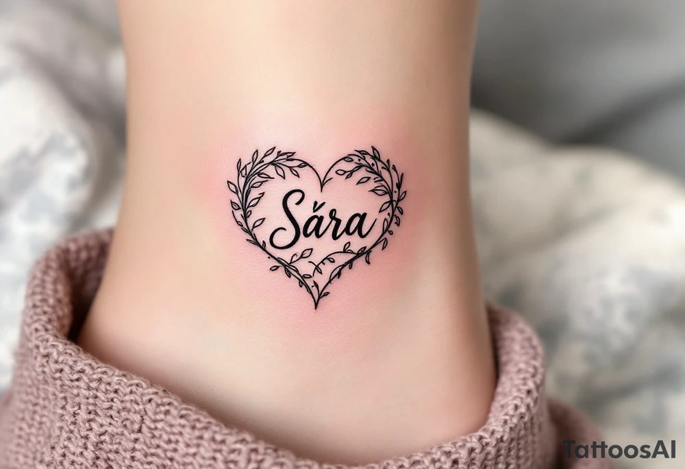 A heart shaded in pinky with Sára in a handwritten-style font inside. tattoo idea