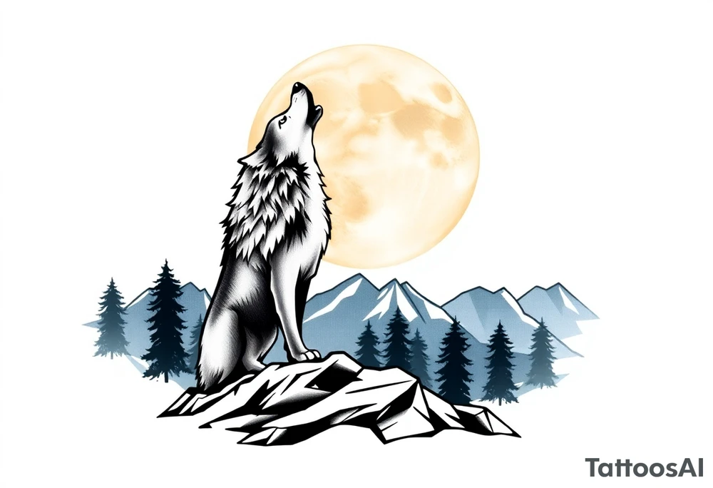 lone wolf howling at full moon with northern lights backdrop tattoo idea