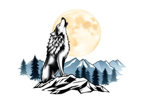 lone wolf howling at full moon with northern lights backdrop tattoo idea